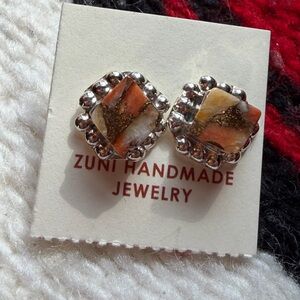Zuni Handmade Sterling Silver and Orange Spiny Earrings